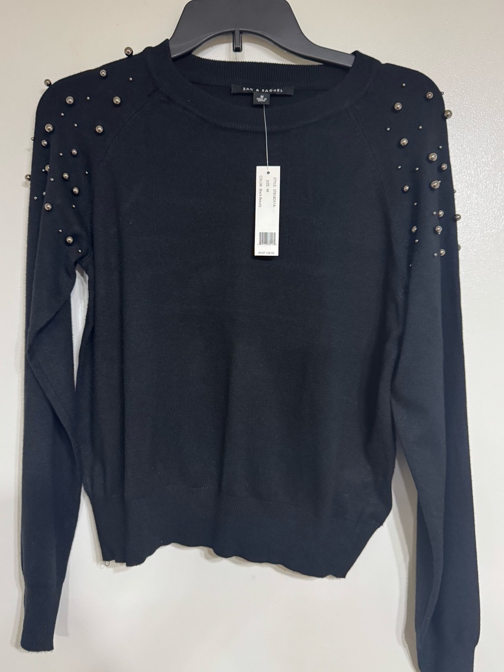 Zac & Rachel Black Crewneck Sweater with Shoulder Studs